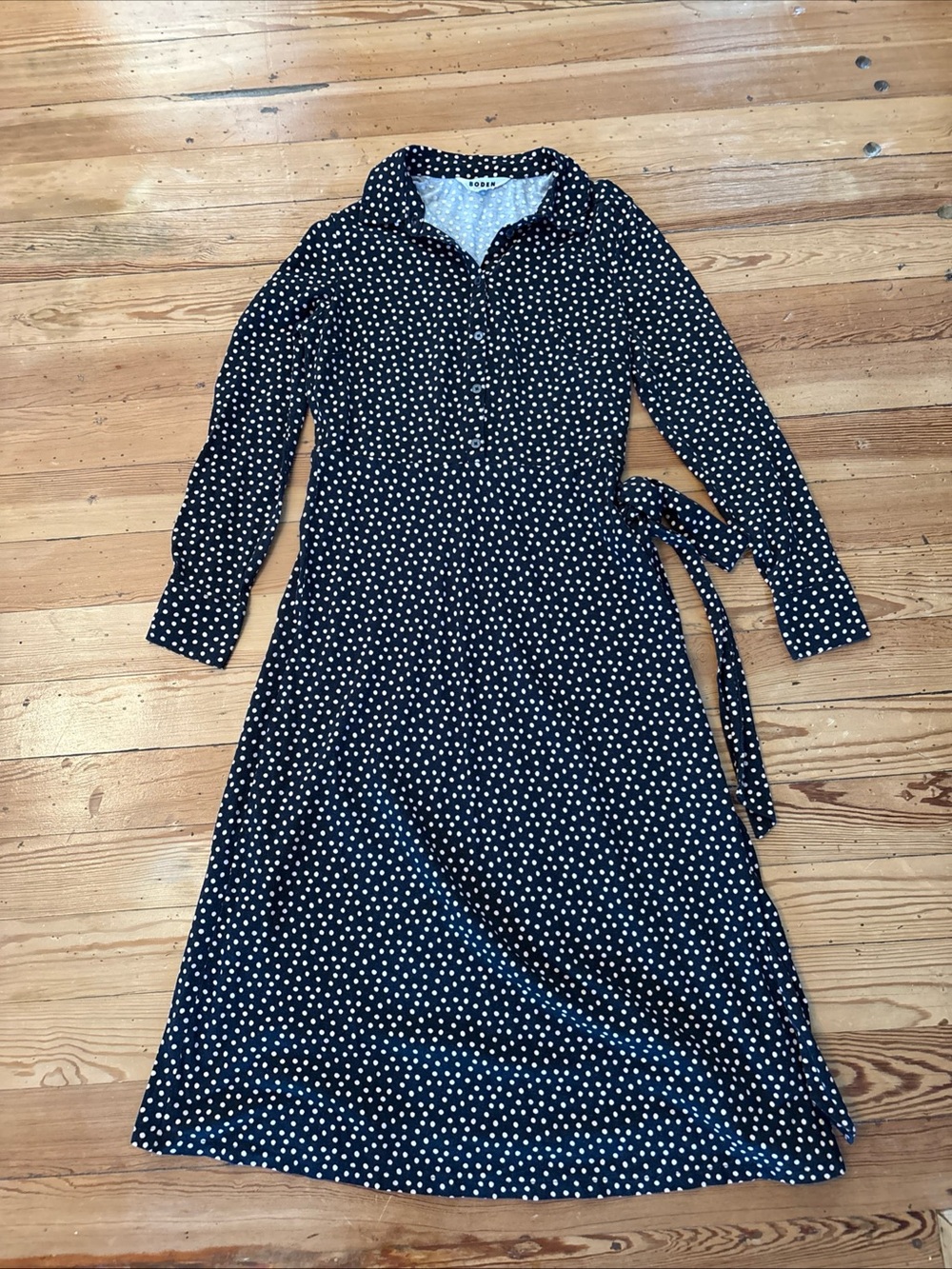 Boden Laura Jersey Midi Shirt Dress Size US6R Black/Pink Polka Dot Long-Sleeve